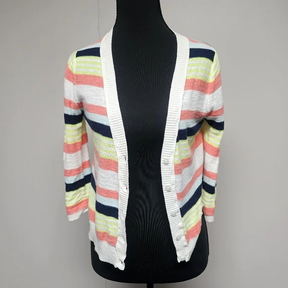 Arizona Jeans Y2k Cropped Roll Tab Sleeve Striped Cardigans Coral Green White - Picture 2 of 12
